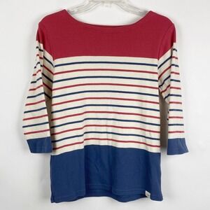 LL Bean Striped 3/4 Sleeve Boatneck Top Womens Size Medium Red Blue White Cotton